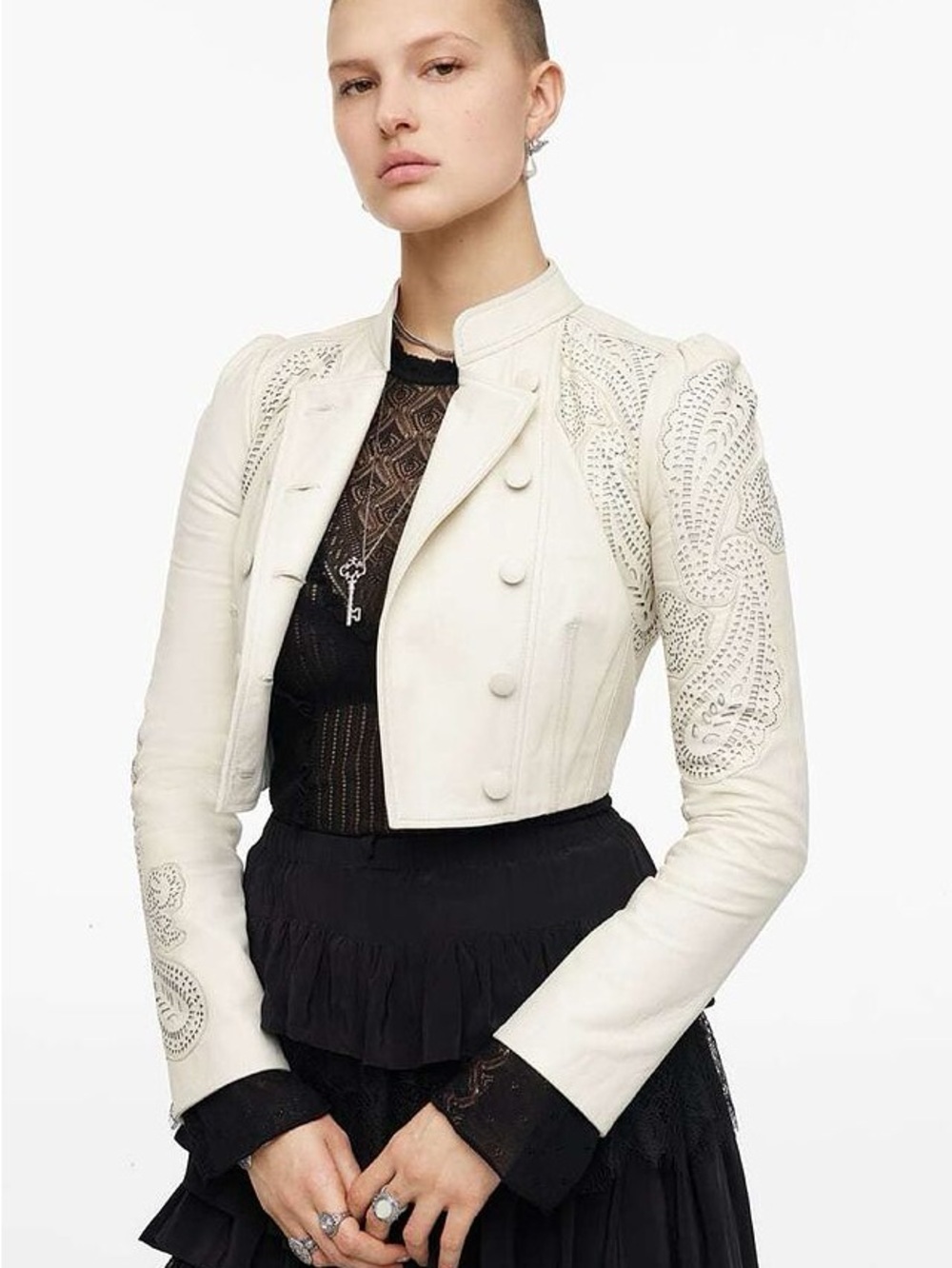 Zara White Embellished Leather Jacket Size Small